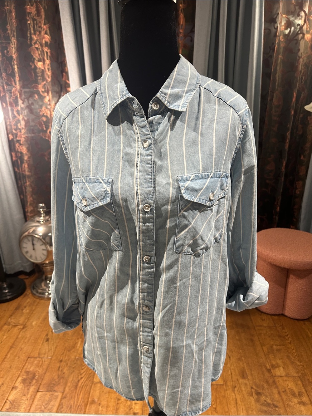 Light Blue Striped Button-Down Shirt with Chest Pockets